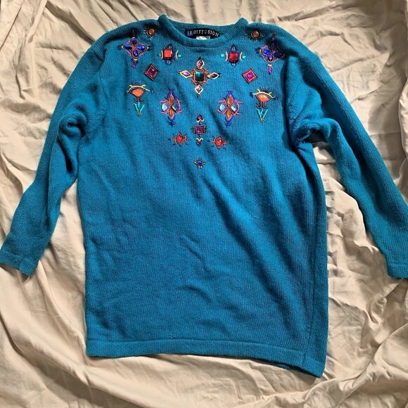 I.B. Diffusion VTG 90s Beaded Silk Blend Angora Sweater Women's Size M Blue - Picture 3 of 16